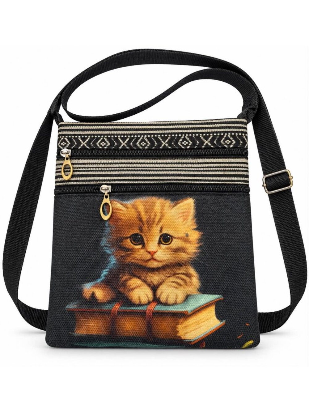 Orange Kitten on Books Crossbody Bag
